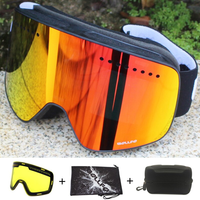 Magnetisk dobbeltlags linse skibriller masker antidugg  uv400 snowboardbriller skibriller briller for menn kvinner med etui: Sort rød 1 linse