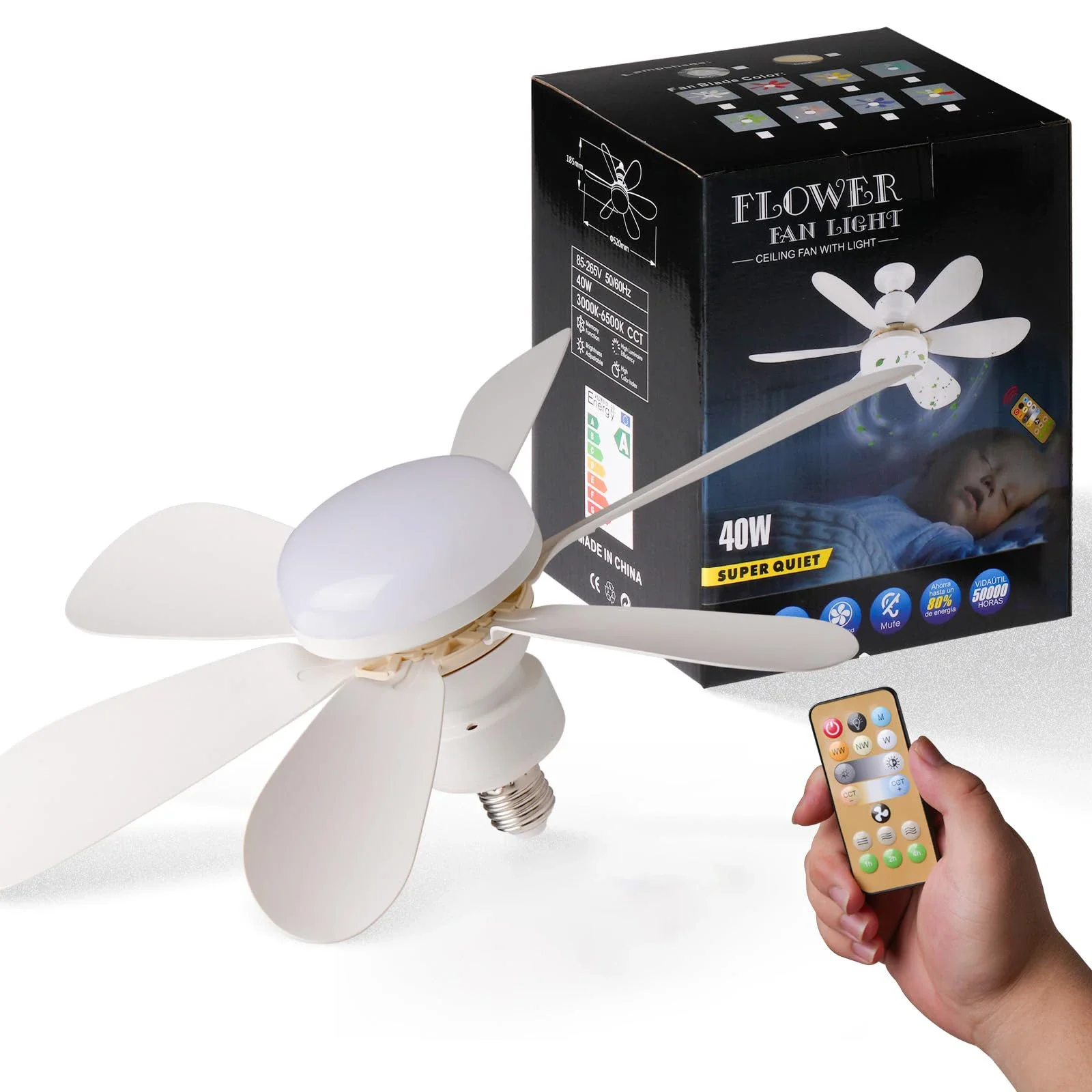 Ventiladores de techo Luz E27 LED 40W con función de atenuación remota Luz de ventilador de techo para dormitorio Garaje Estudio Cocina y uso doméstico: Blanco