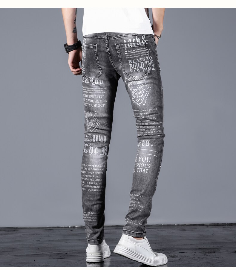 Mens Letter Leopard print Jeans Newspaper Painted Men Black Hip Hop Trousers Skinny Casual Stretch Cotton Denim Pants