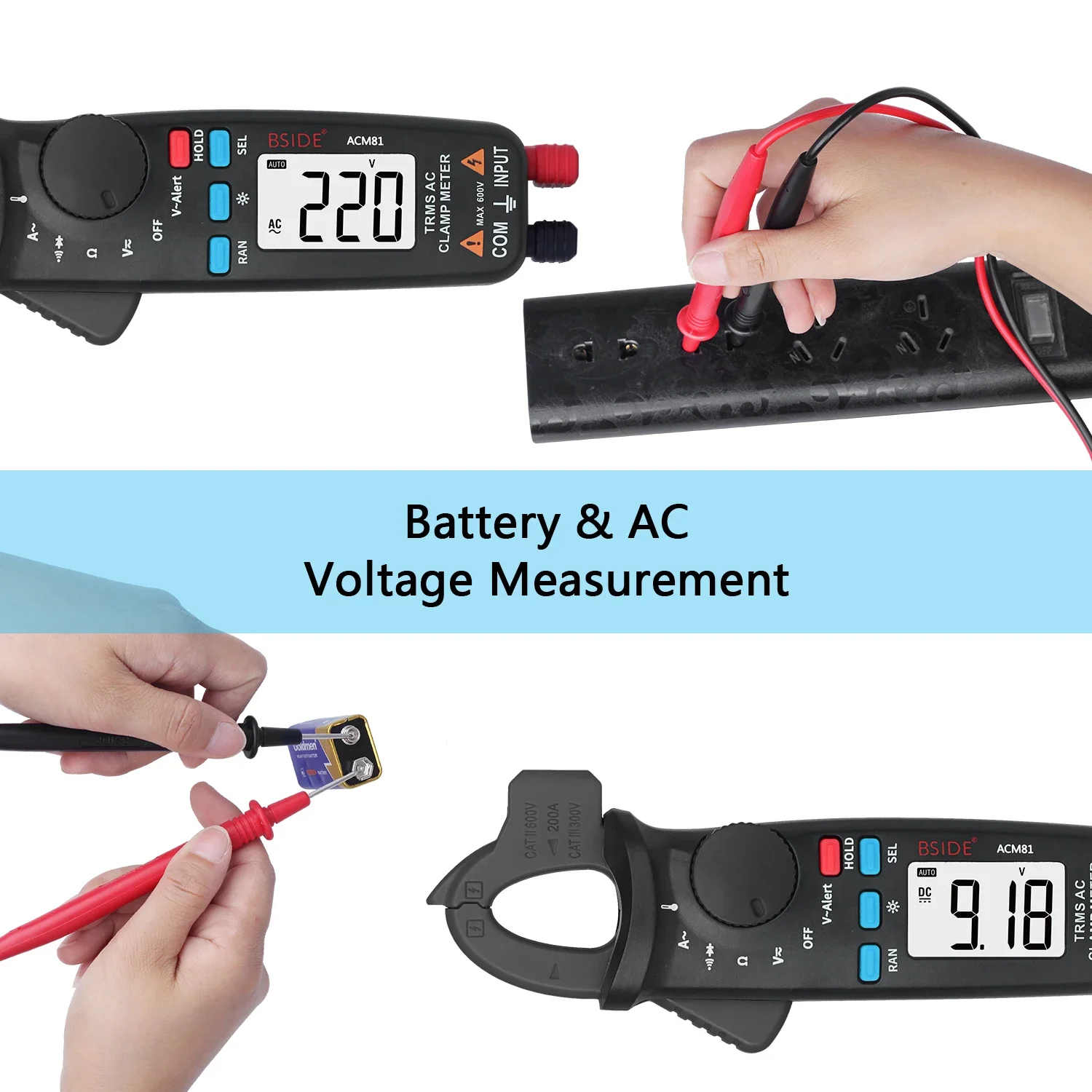 BSIDE Pinza amperometrica digitale Auto-Rang Vero RMS 1mA Precisione 200A Corrente DC AC Multimetro Vol Ohm Diodo Temperatura NCV Tester