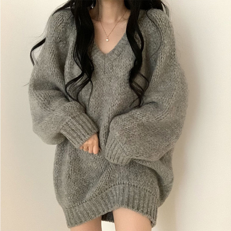 Pull mi-long en tricot pour femme, style paresseux, col en v, étudiant Y2K, version coréenne, fin et polyvalent, top