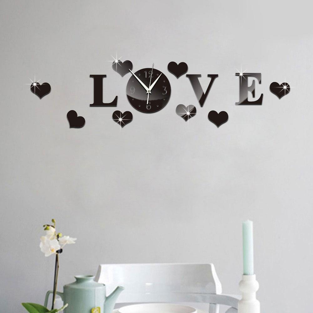 Creatieve Plastic 3D Spiegel Effect Stickers Wandklok Liefde Decals Decoratie