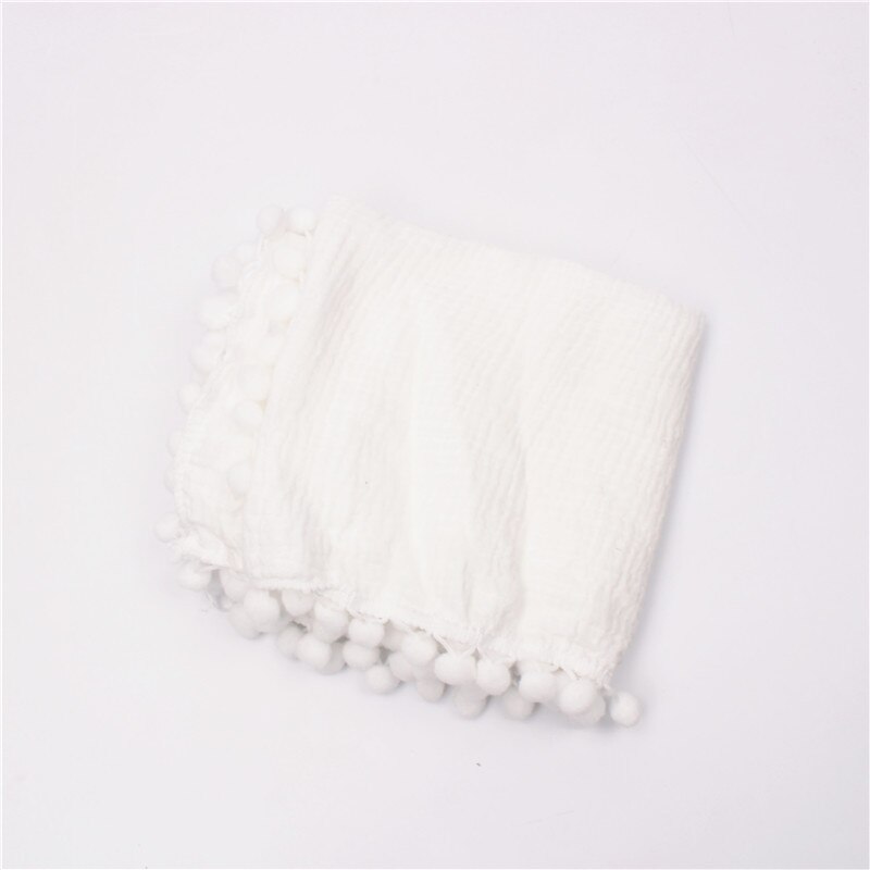 Mousseline Baby Inbakeren Deken Met Pom Poms Katoen Gaas Inbakeren Wrap Voor Baby &#39;S Pasgeborenen Ontvangen Dekens Baby Douche: White