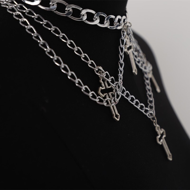 Punk Geometric Silver Color Chain Hollow Cross Pendant Necklaces For Women Trendy Statement Metal Chain Hip hop Jewelry Necklace