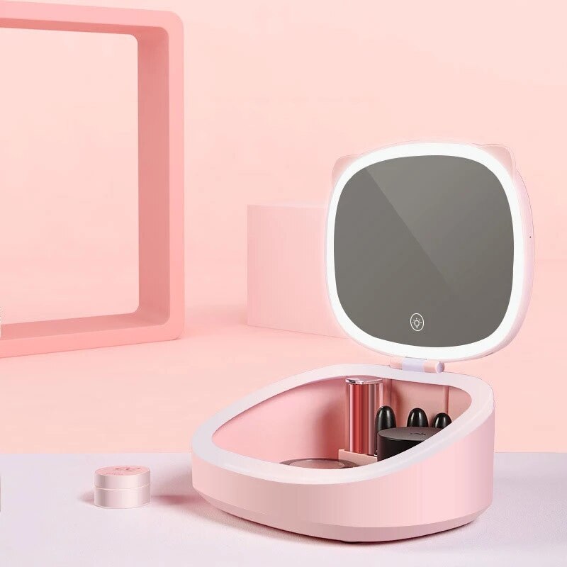 Cute Cat Ears LED Light Makeup Storage Box&amp;mirror Organizer Dormitory Table Fill Lamp Lipstick Hold Valentine's Day