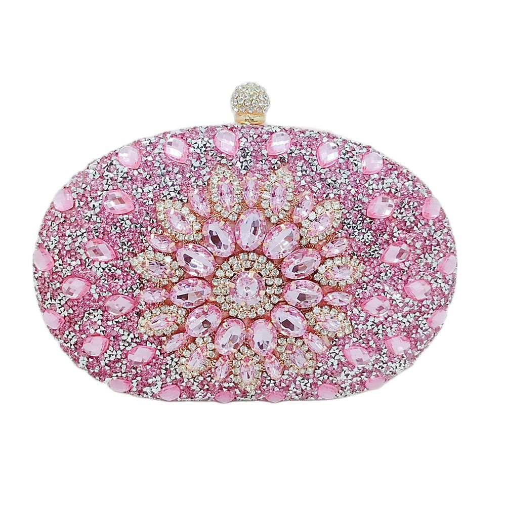 Wedding Diamond Silver Floral Crystal Sling Package Woman Clutch Bag Cell Phone Pocket Matching Wallet Purse Handbags: PINK