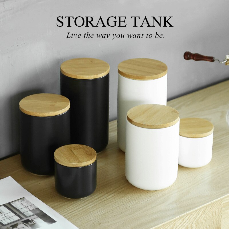Vaso di stoccaggio sigillato in ceramica bianca semplice con coperchio in legno 260ML 800ML 1000ML contenitore per alimenti da cucina teiera organizzatore di cereali
