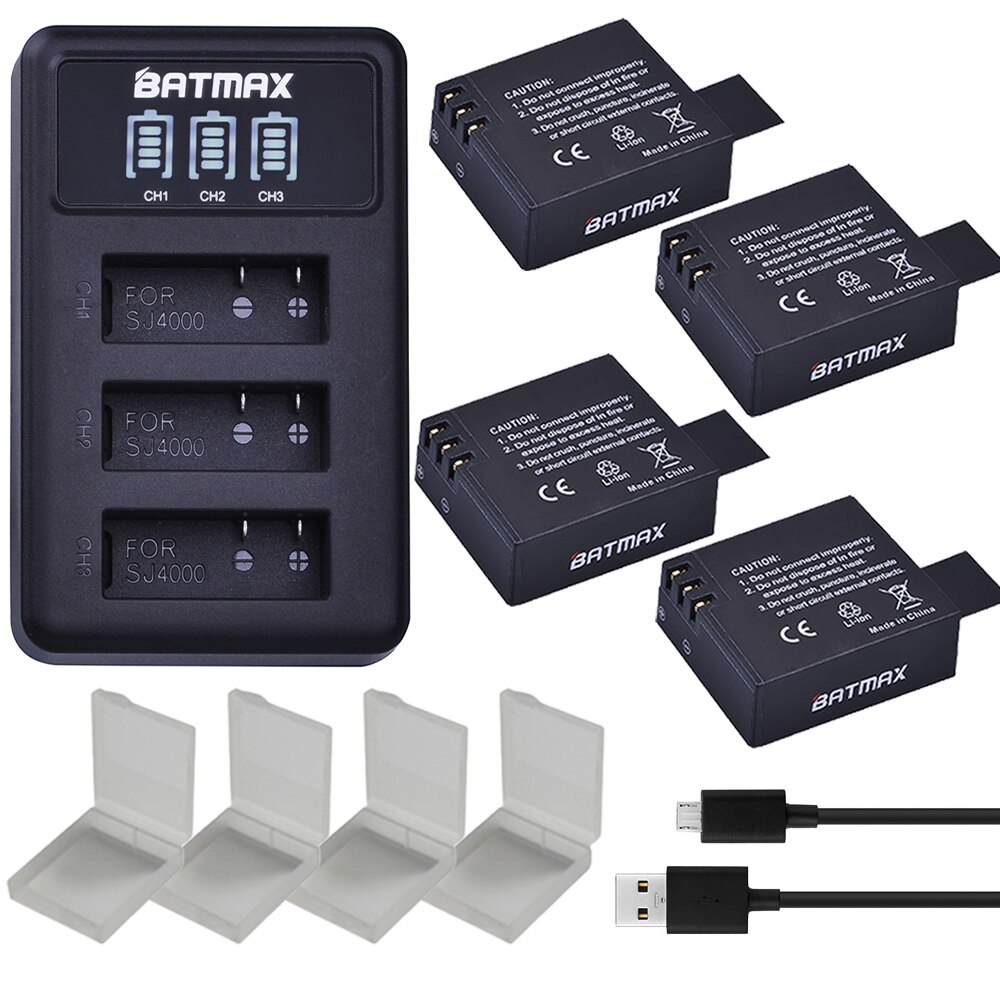 4Pcs SJ4000 PG1050 Battery Bateria + LED 3Slots USB Charger for SJCAM SJ4000 SJ5000 EKEN M10 4K H8 H9 GIT-LB101 GIT PG900