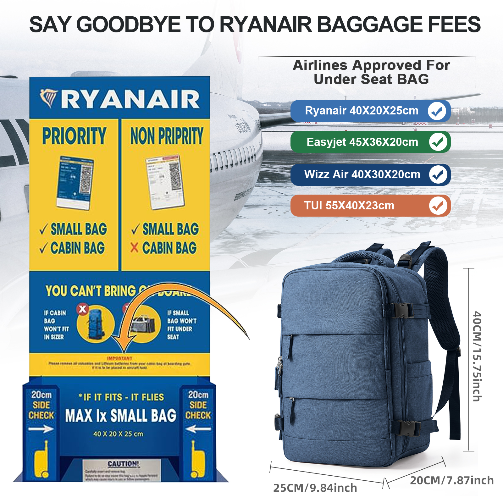 Reisrugzak Korte afstand Vliegtuig Ryanair Cabin Bag 40x20x25 Rugzak Dames Heren vrije tijd School Laptoptas Handbagage