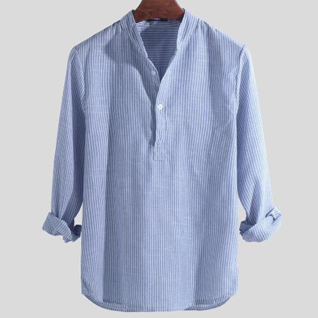 Mens Shirts Casual Slim Fit Mens Casual Linen Button Simple Long Sleeve Stripe Loose Shirt Blouse Top camiseta hombre