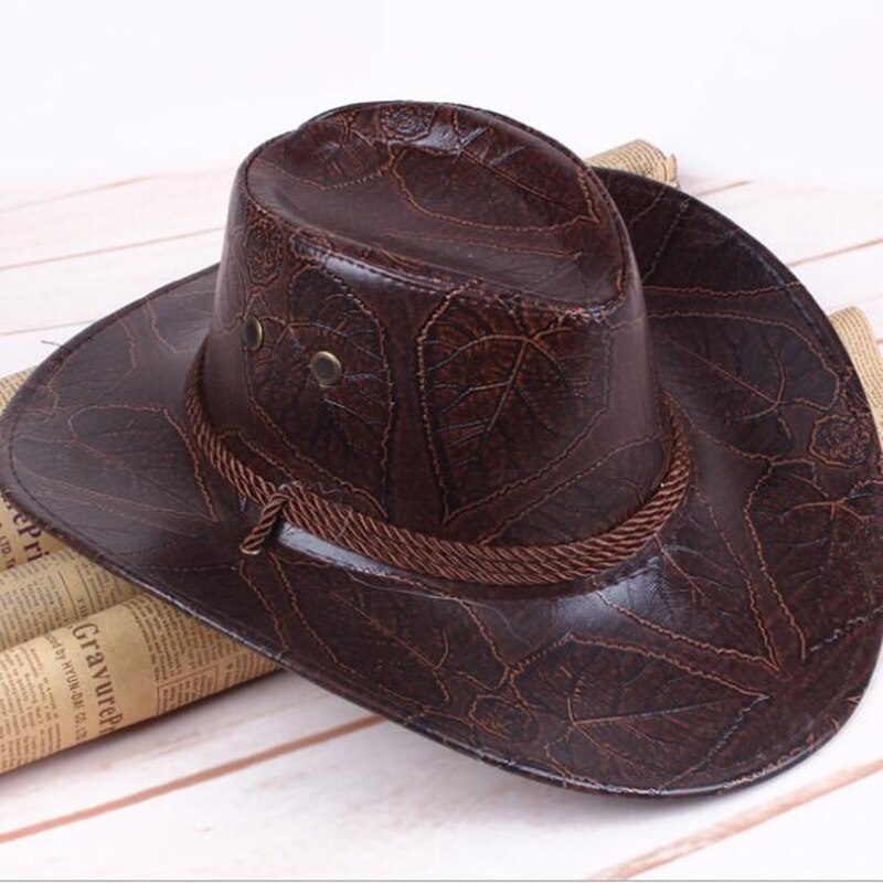 Classical Western Cowboy Hat For Men Women PU Leather Wide Brim Outdoor Jazz Sunhat Adjustable: coffee2
