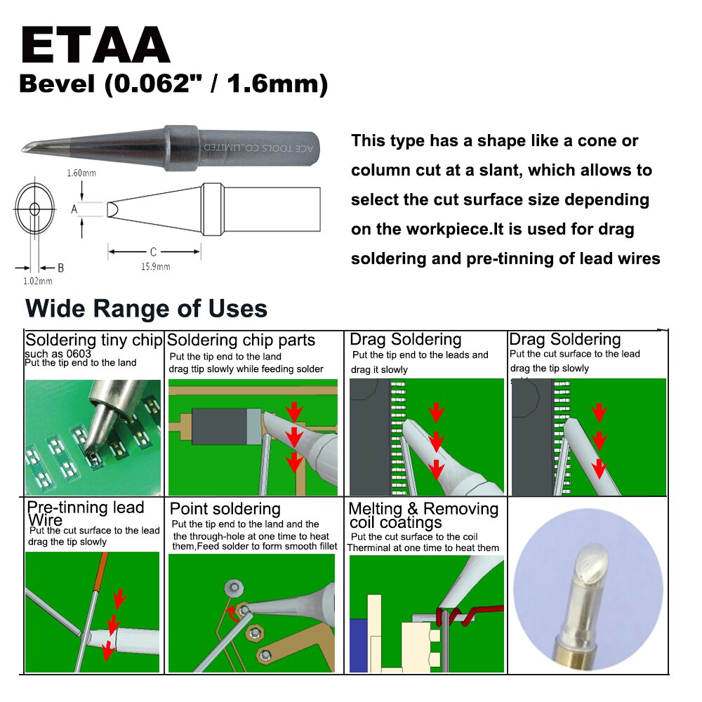 ETAA Soldering Tip Bevel 1.6mm Fit WELLER WES51 WES50 WESD51 WE1010NA WE1010EU PES51 PES50 LR21 LR20 Handle Welding Iron Bit