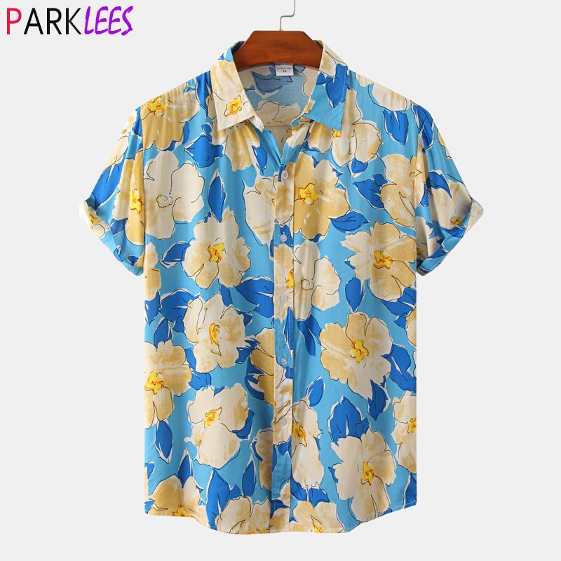 Janmid Men's Floral Hawaiian Shirt - Short Sleeve Button Down, Cotton Blend, Casual Beach & Vacation Wear - View #5