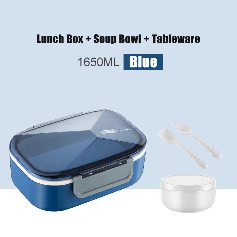 ONEUP Microwave Heating Lunch Box Rectangular Plastic Partition Large Capacity Double-layer Bento Box Portable Food Container: Blue