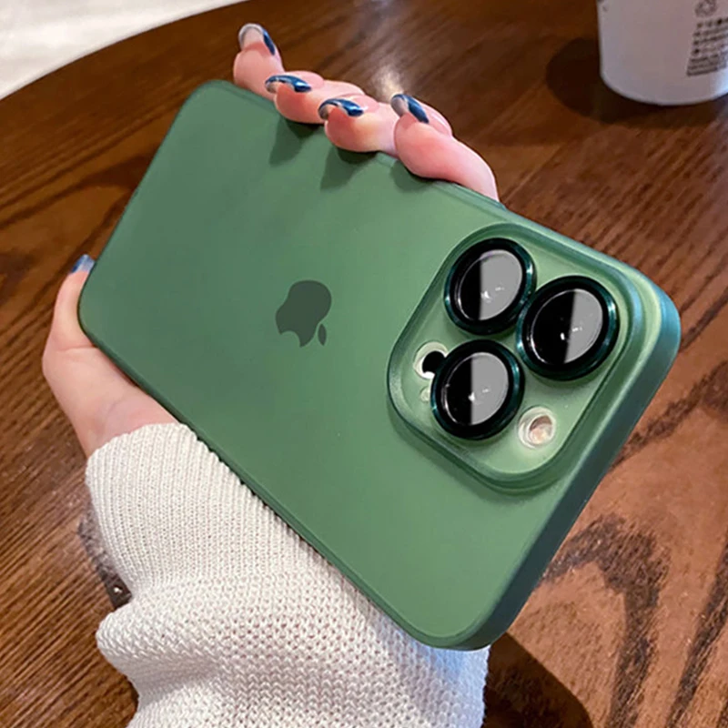 Funda translúcida mate ultrafina para iPhone 15 14 13 12 11 Pro Max, Protector de cámara de vidrio de Metal, anillo duro