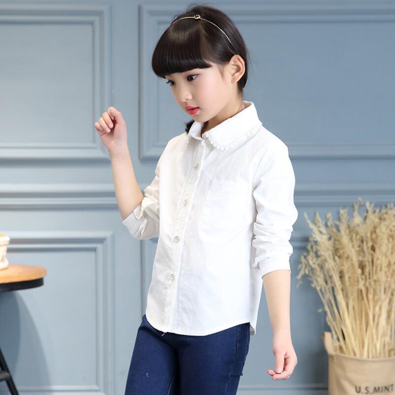 Spring Fall Kids Girls Shirts Children Shirt White Blouse Age 6 8 10 12 Years Cotton Lace School Girls Tops Clothes JW3549