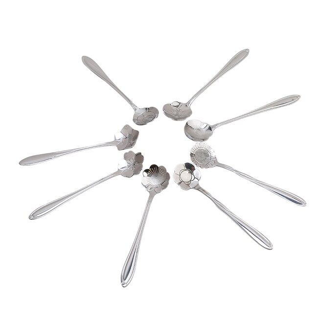 8Pcs/Set Flowers Gold Spoon Long Handle Dessert Tea Coffee Mixing Spoon Stainless Steel Vintage Teaspoons Drink Tableware: Silver