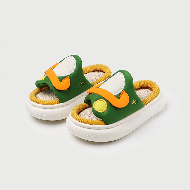 Pantoufles planète en lin à semelle intérieure pour garçons, pantoufles d'été à la pour enfants avec fond souple de dessin animé, 3 couleurs: green / 28-29 Insole  18cm