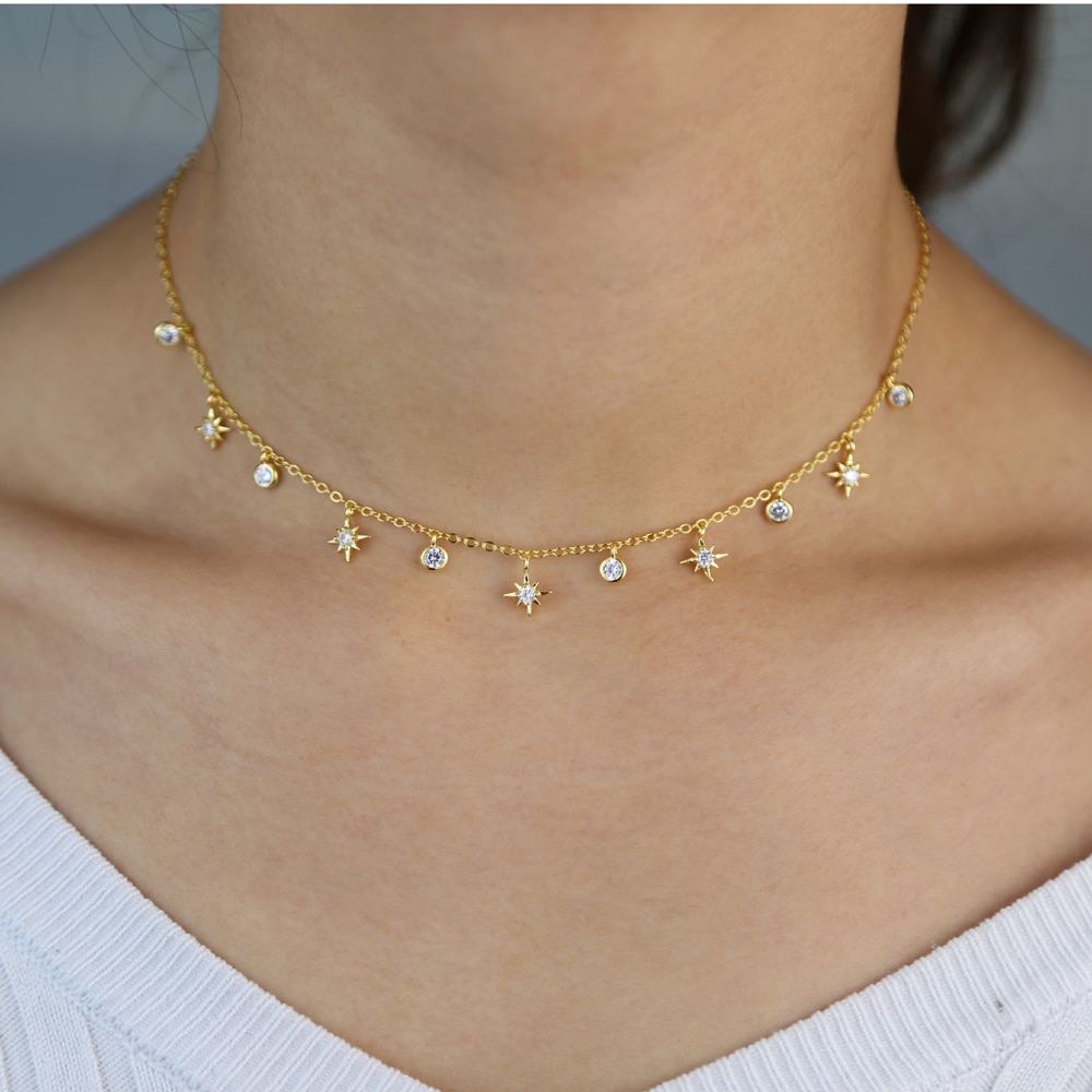 Cz Star Charm Choker Ketting Goud Zilver Kleur Trendy Vrouwen Sieraden