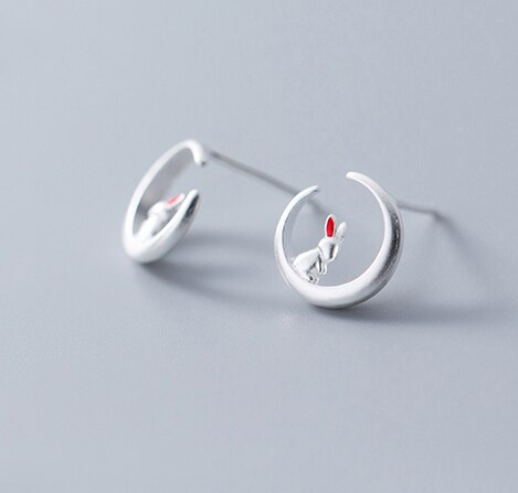 MloveAcc romantyczny 925 kolczyki sztyfty ze srebra wysokiej próza pomocą dla kobiet piękny królik siedzi na księżycu szterling-srebrny-biżuteria: czerwony