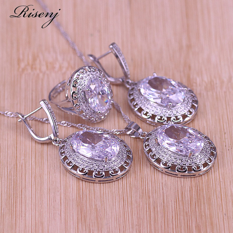 Big White Crystal &Zircon Silver Color Jewelry Earrings Ring With Necklace Set Middle East Style: white