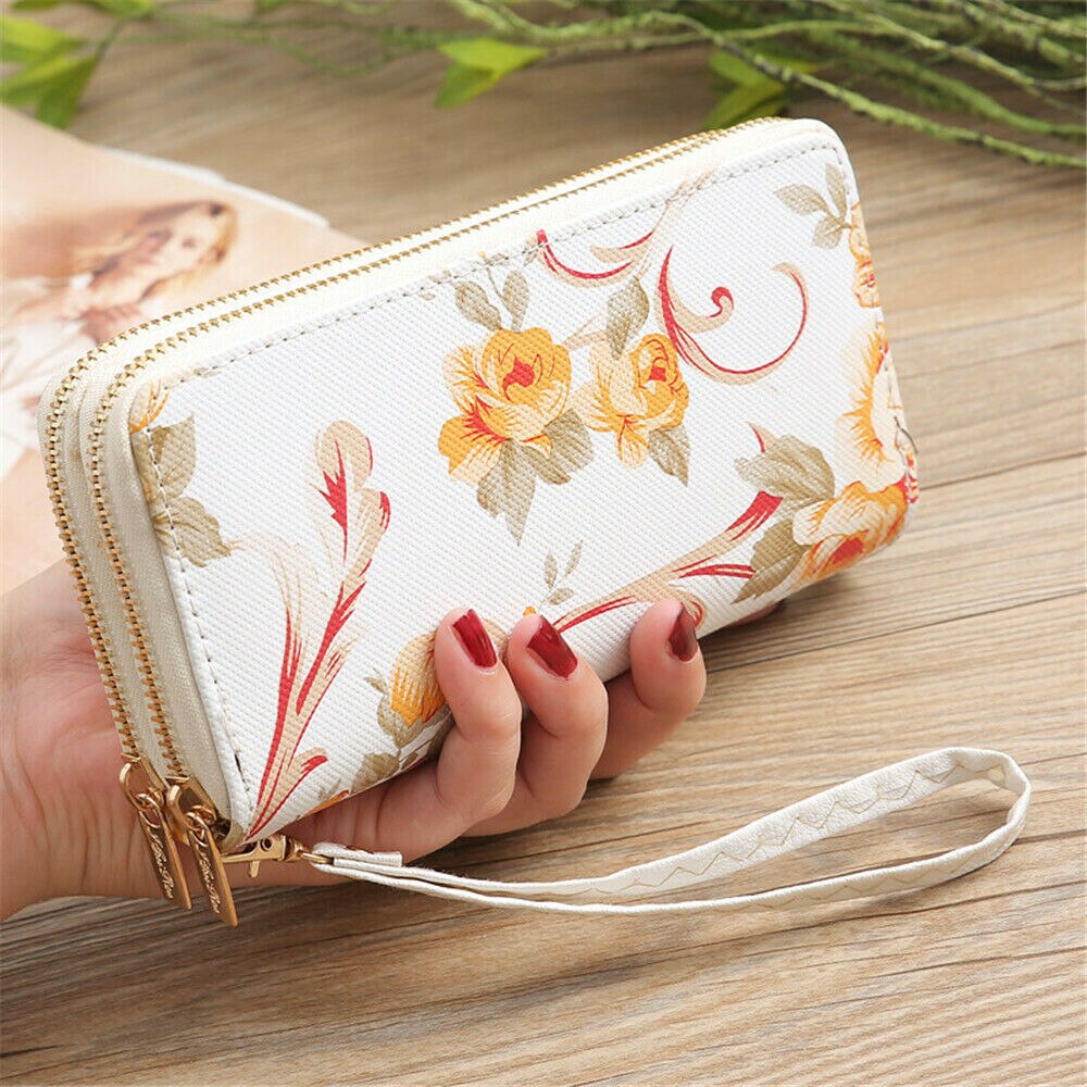 Vrouwen Lederen Dames Elegante Rose Gedrukt Portemonnee Lange Dubbele Rits Portemonnee Kaarthouder Case Clutch Telefoon Portefeuilles: Geel