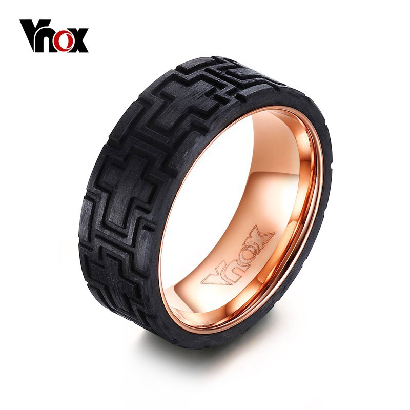 Vnox Black Carbon fiber Tire Rings for Male Men Stainless Steel Rose Gold-color inside