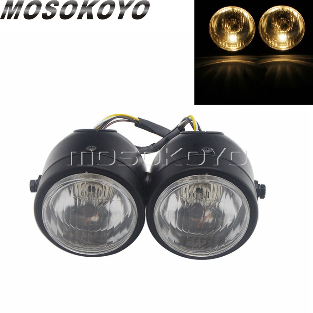 Motorcycle Twin Round Dominator Headlight 3.5" Double Dual Lamp Front Headlamp for Harley Cafe Racer Old School Chopper Bobber: A Black Clear