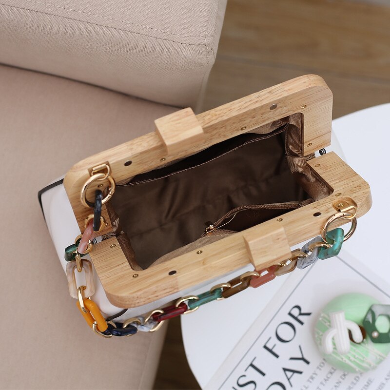 Petit sac à main pour femmes, nouvelle version coréenne de tendance, pince en bois native avec chaîne en jade