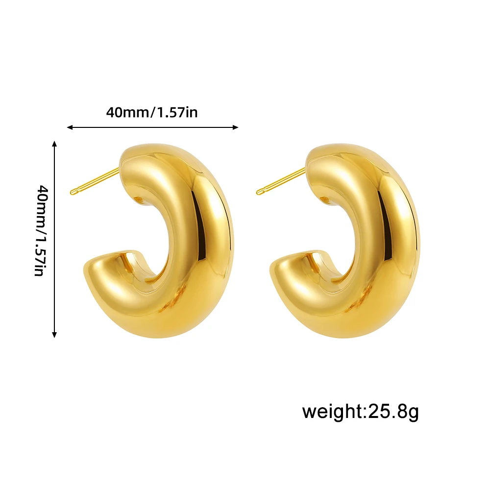 Nuevos pendientes de aro Retro de acero inoxidable con forma de C grueso, chapado en oro brillante, círculo PVD, tubo redondo, aros Huggie, joyería para oreja apilada: Bañado en rodio de imitación