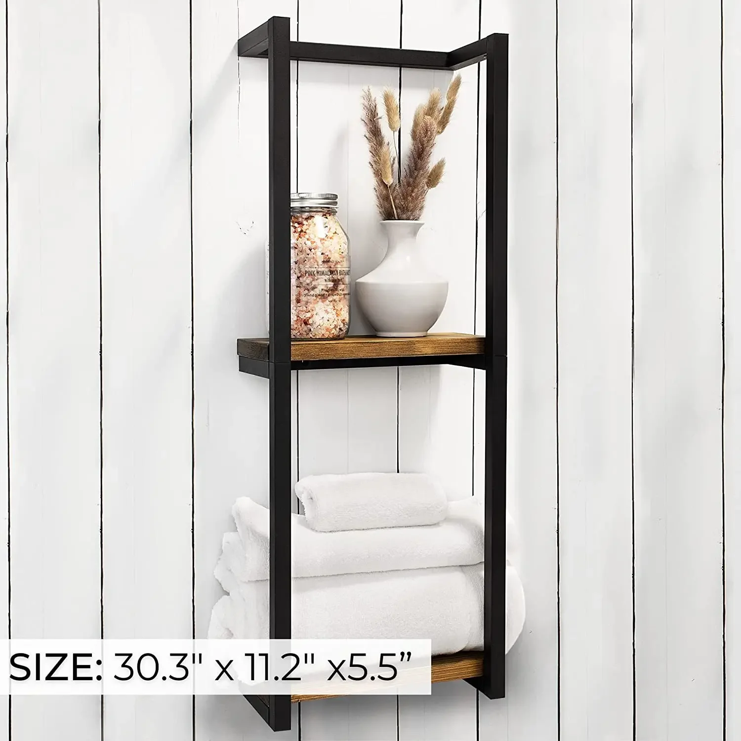 Wall Mount Towel Storage Rack with Wooden Shelves Towels Bathroom Holder Shelf