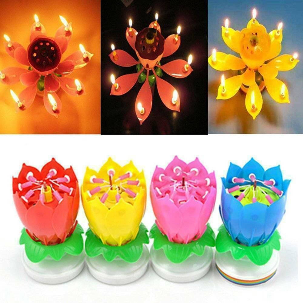Magic Cake Birthday Lotus Flower Candle Blossom Musical Rotating Decoration Double Lotus Candles Plastic And Wax
