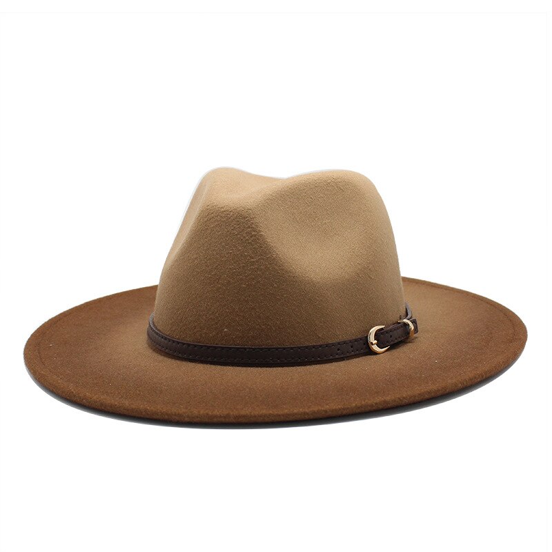Two-color gradient Wool Felt Fedora Hats with Thin Belt Buckle Men Women Large Brim Panama Trilby Jazz Cap: brown