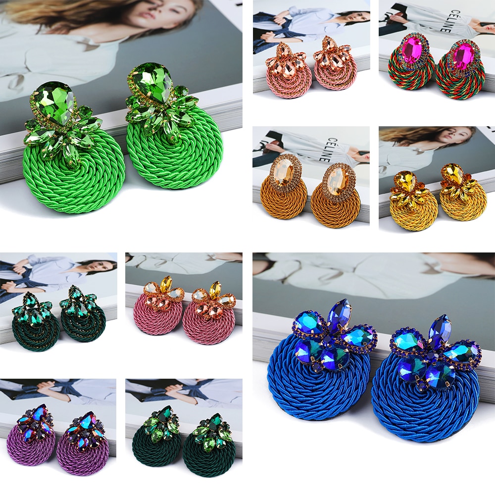Ethnic Style Cotton Cord Weave Round Ear Accessories Vintage Sparkly Crystal Dangle Earrings For Women Luxury Jewelry