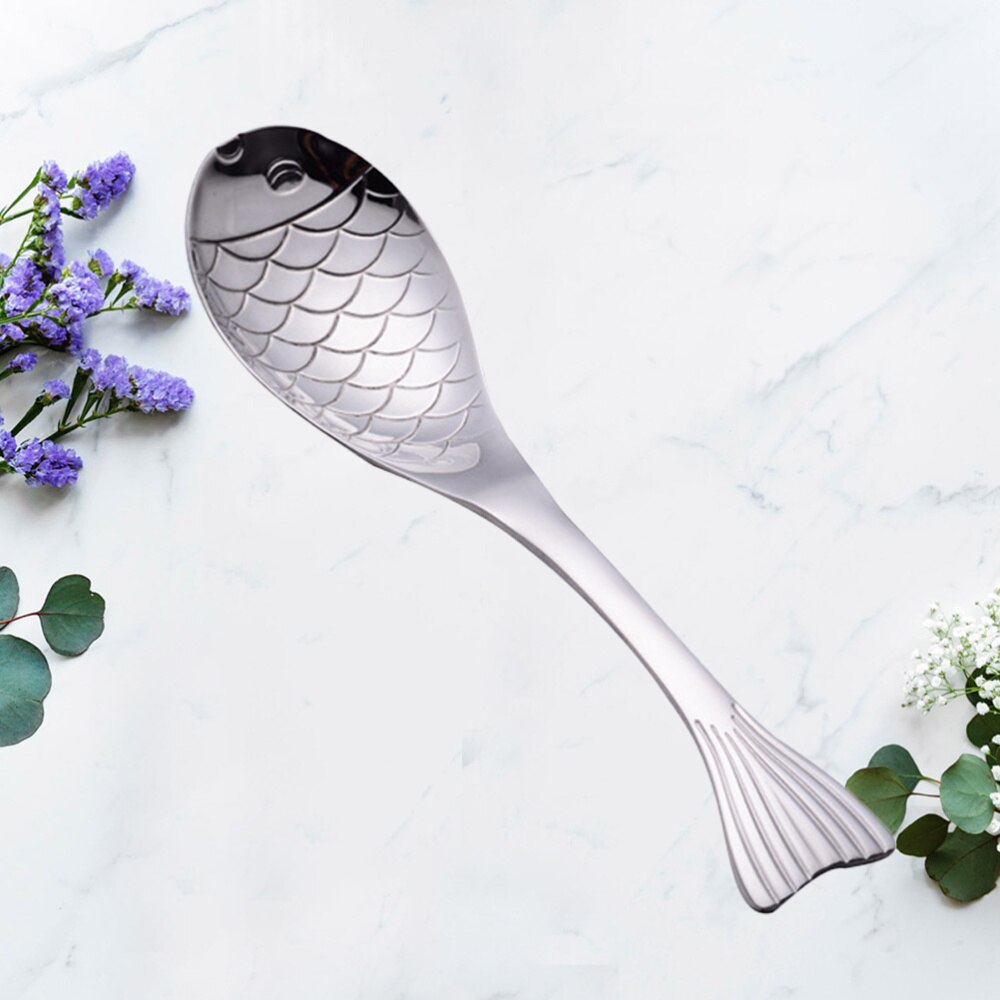 1pc Spoon Stylish Silver Fish Shape Soup Spoon