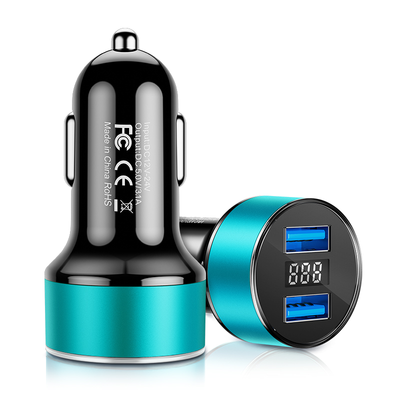 Udyr 3.1A Dual USB Car Charger With LED Display Mobile Phone Car-Charger for Xiaomi 9 Samsung S8 iPhone 11 6 6s 7 8 Plus Table: Blue Car Charger