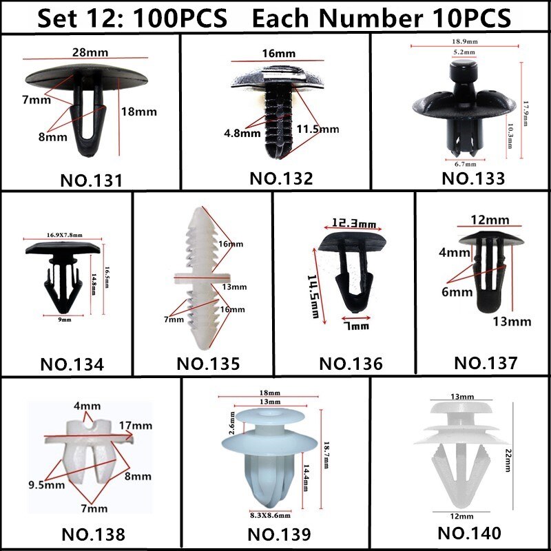 Til toyota tacoma mirai mark auto push-in skrue clips ekspansion plug-in snap nitte fastgørelse sæt 5mm 6mm 7mm 8mm 9mm 10mm hul: 100 stk blandet sæt 12