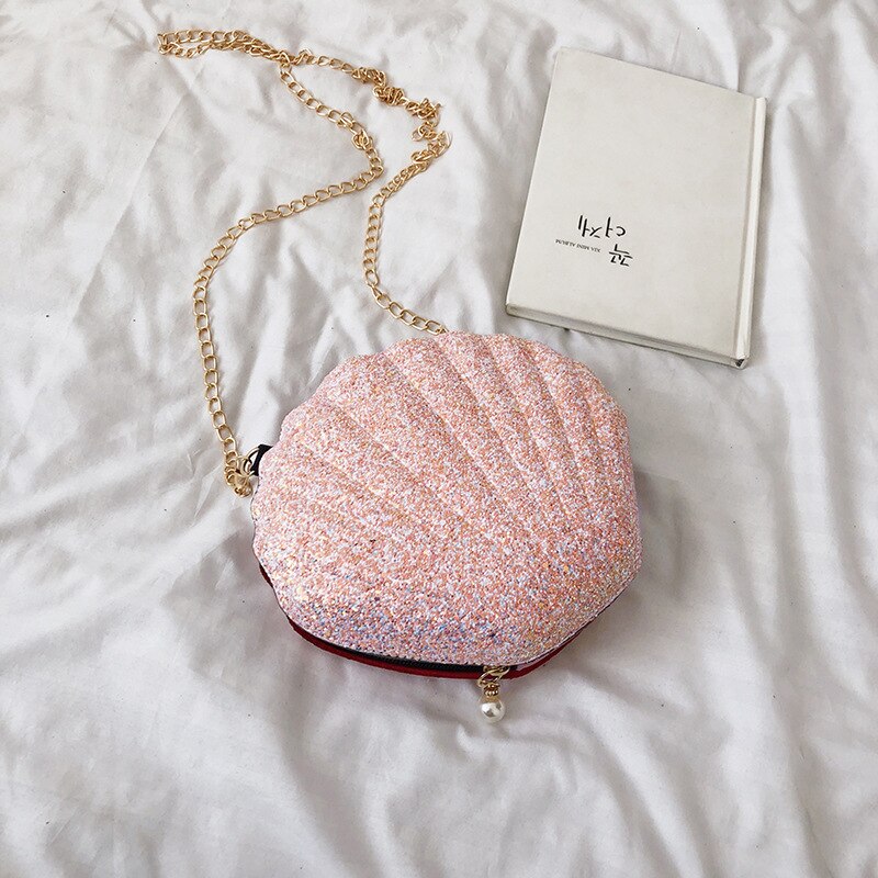 Bolso de mano con cadena de piel sintética para mujer, bolsa pequeña con de conchas oceánicas, color rosa, ideal para ir de compras o viajar, NSG158: pink