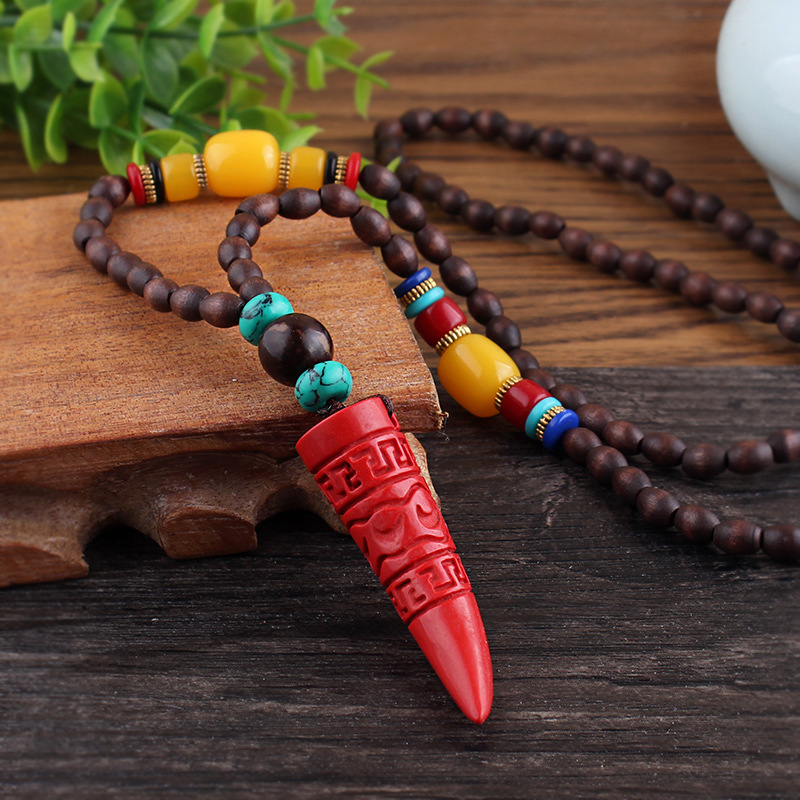 Collier unisexe fait à la main, bouddhiste du népal, pendentif de perles en bois de Mala, collier ethnique corne de poisson, Long bijoux pour hommes et femmes