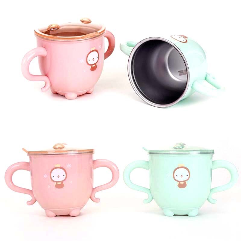 Kinderen met deksel babybekers roestvrij staal dier schattig baby drinkgerei met handvat natuurveilig materiaal kinder drinkgerei