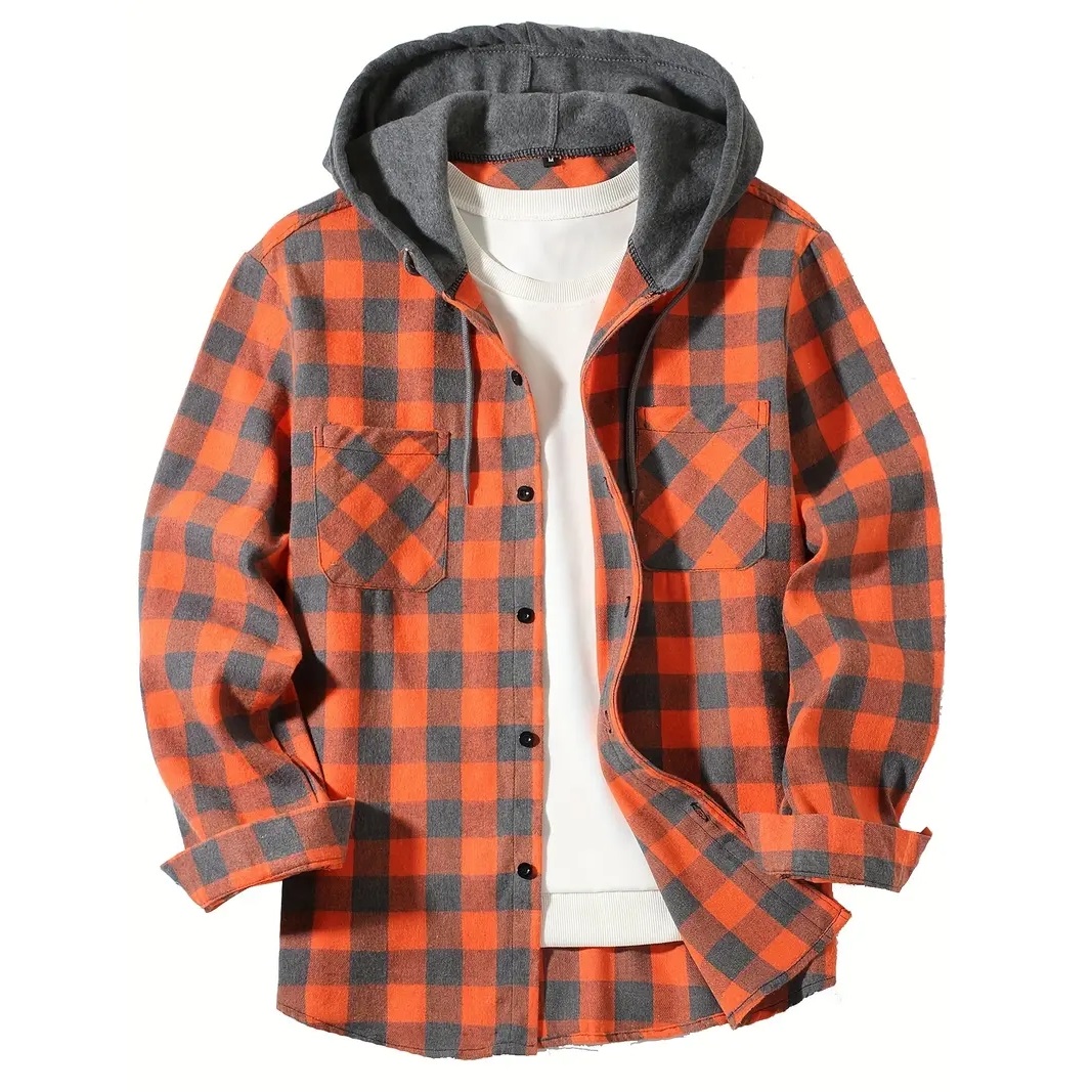 Herrenhemden, klassisch, kariert, lässig, Taste-Nieder-Kapuze, langärmelig, Doppeltaschen, Hemd, Kapuzenpullover, Flanelljacke, Frühlings- und Herbstoberteile: XXXL / Orange