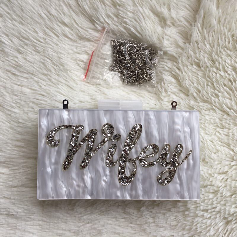 Pearl White Gold Glitter Name Wifey Letter Acrylic Box Clutches Women Brand Shoulder Evening Party Lady Summer Beach Acrylic Bag