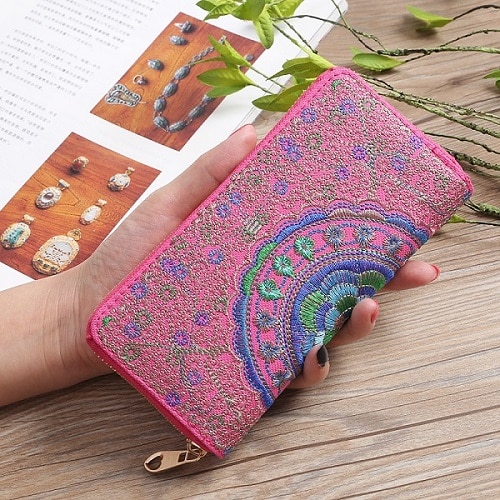 National Embroidery Long Wallets Vintage Women Wallet Purse Female Wallet Pouch Handbag for Woman Lady Coin Card Holders: Rose red Wallets