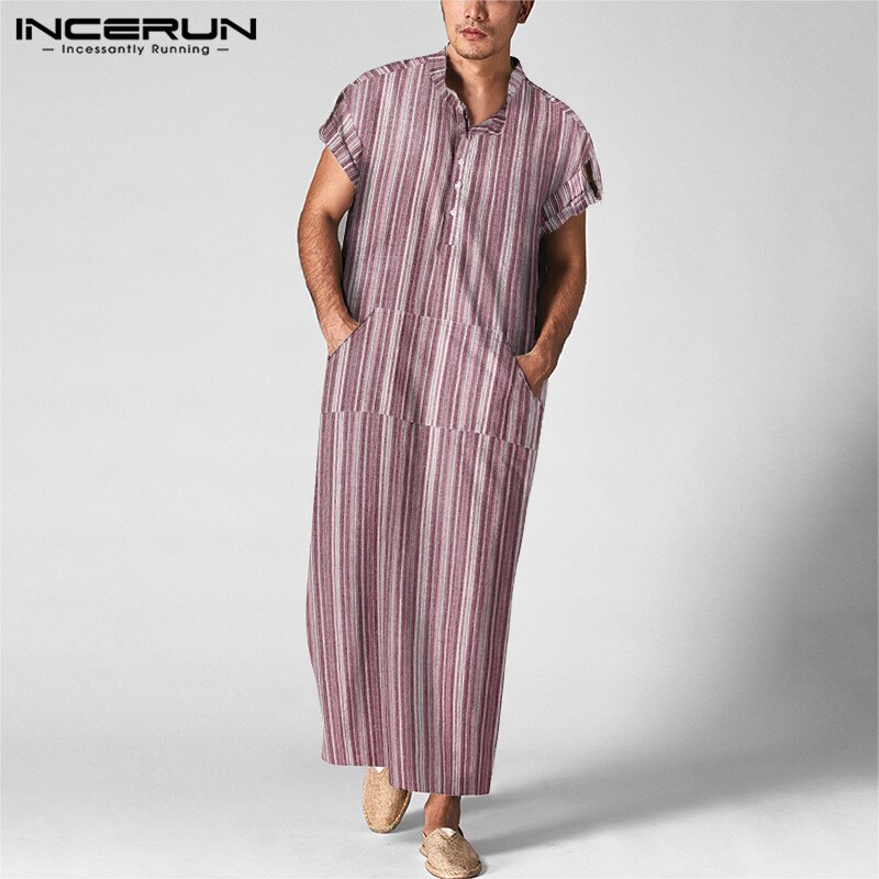 INCERUN Men Jubba Thobe Muslim Clothes Short Sleeve Striped Cotton Stand Collar Casual Robes Islamic Arabic Kaftan Abaya S-5XL