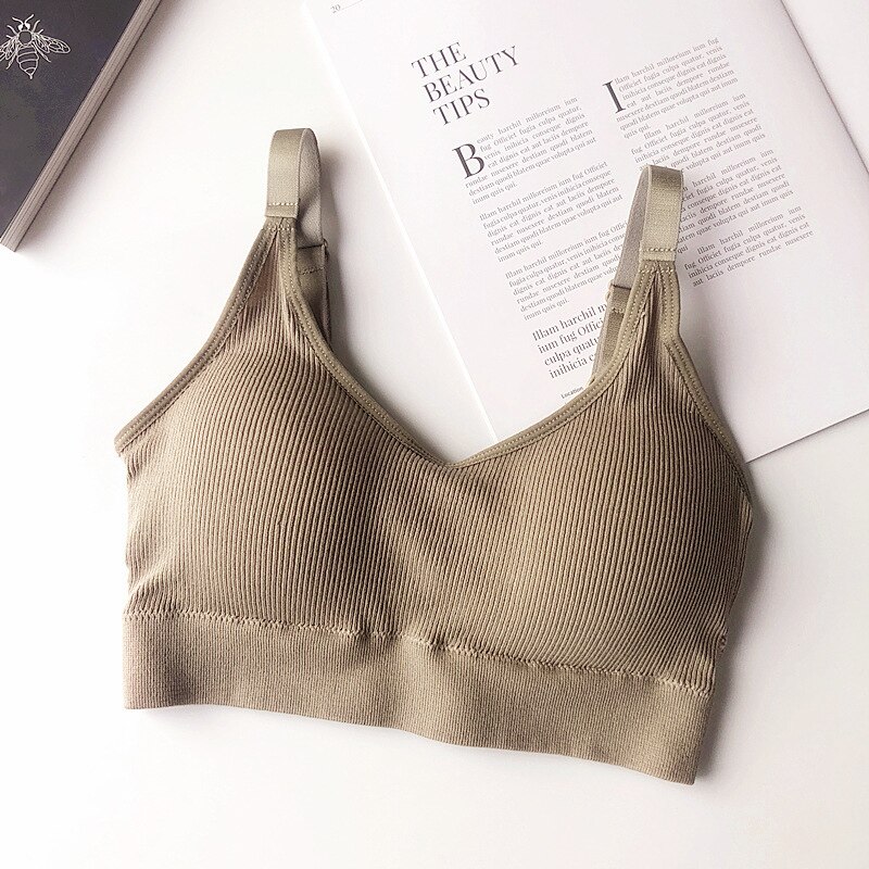 Women Fitness Bra Solid Top Bra Feminina Gym Sport Push Up Seamless Bra Top: Khaki