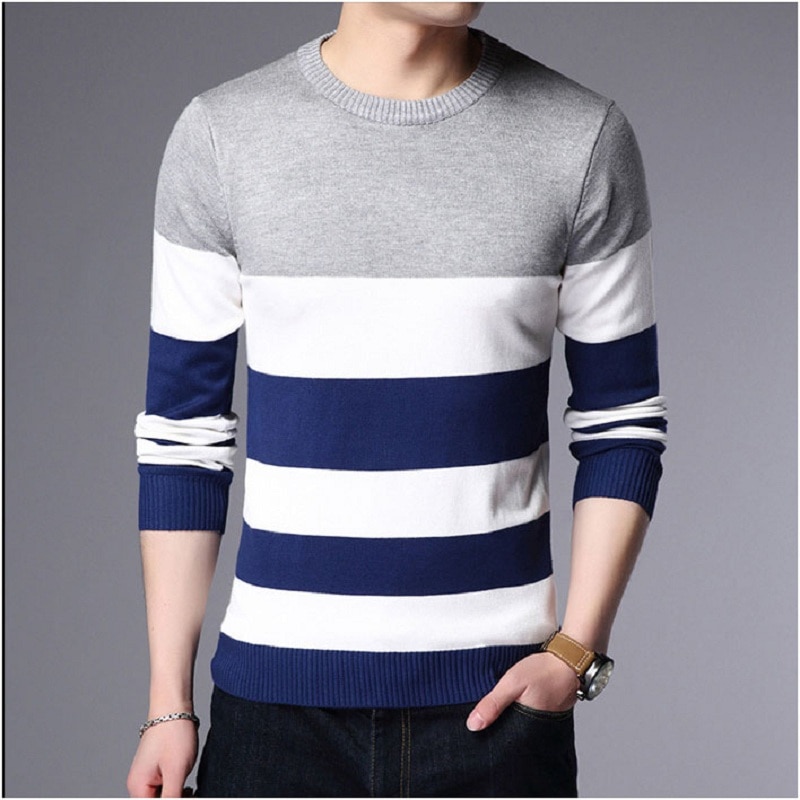 Casual slim fit strik pullover mænd efterår vintertøj mænd o-hals langærmet stribet sweater mænd tøj