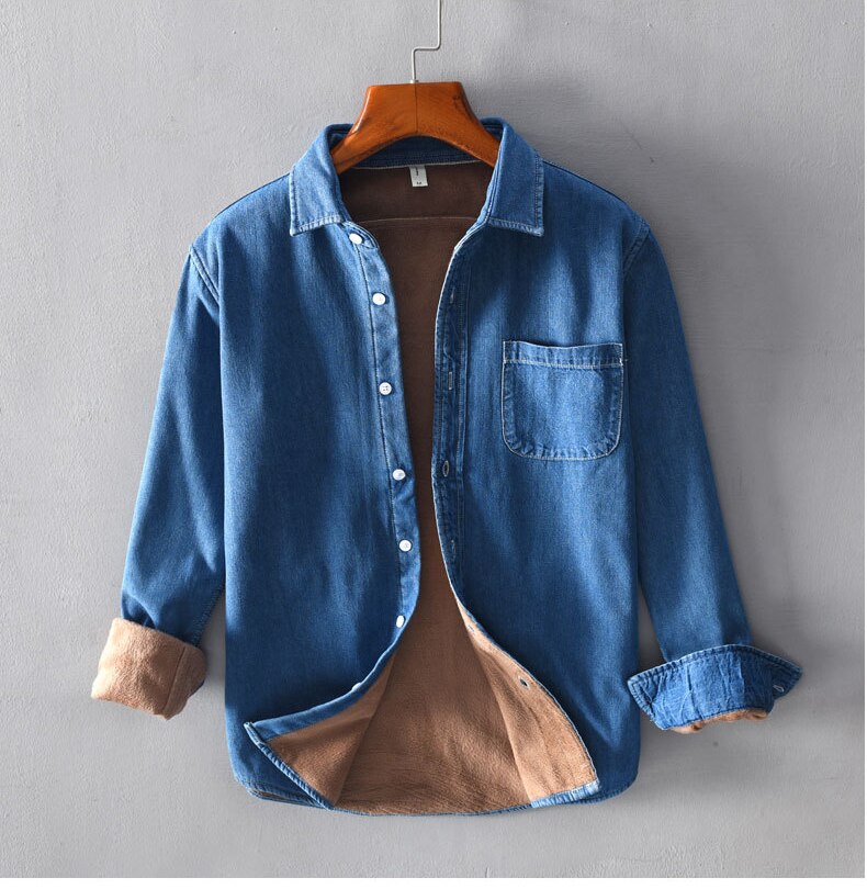Winter Mens Distressed vintage long sleeve denim shirts fleece thick Mens lapel shirts male warm denim clothing: Denim blue / XXXL