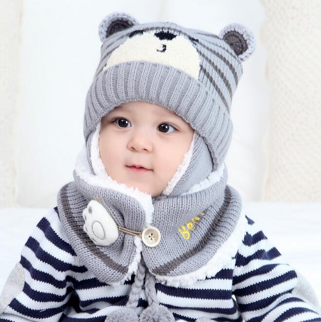 Kind Mutsen Cap Set Baby Kids Cartoon Streep Knit Voegen Fluwelen Hoed En Sjaal Winter Warm Pak Set Roze grijs