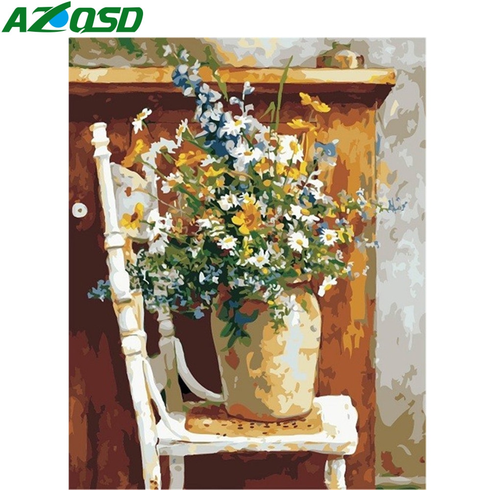 AZQSD, láminas de manualidades con pintura por números, Kits de pintura en lienzo, pintura al óleo por números de flores, jarrón para decoración del hogar, dibujo artístico de 40x50cm