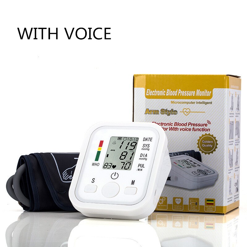 Med stemme overarm manchet automatisk blodtryksmåler husstands hd digital display sundhedspleje blodtryksmåler maskine: Hvid med stemme